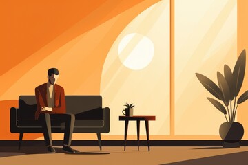 sad lonely man sit on couch illustration