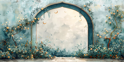 Watercolor archway with flowers framing a dreamy, foggy cityscape with crescent moons. Islamic New Year. - Powered by Adobe
