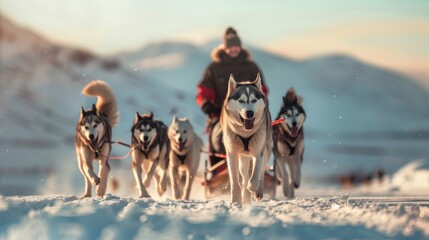 Portrait of Husky dogs in dog sledding in cold winter with snow