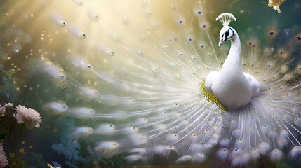 An image of enchanting white peacock Magnificent Radiant and Elegant on abstract background