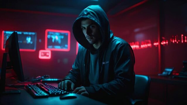 In a remote view, an unrecognizable hacker stretches his hands and begins typing on a laptop, breaking a password. The hooded, bearded freelance programmer is hacking into an online site or password.