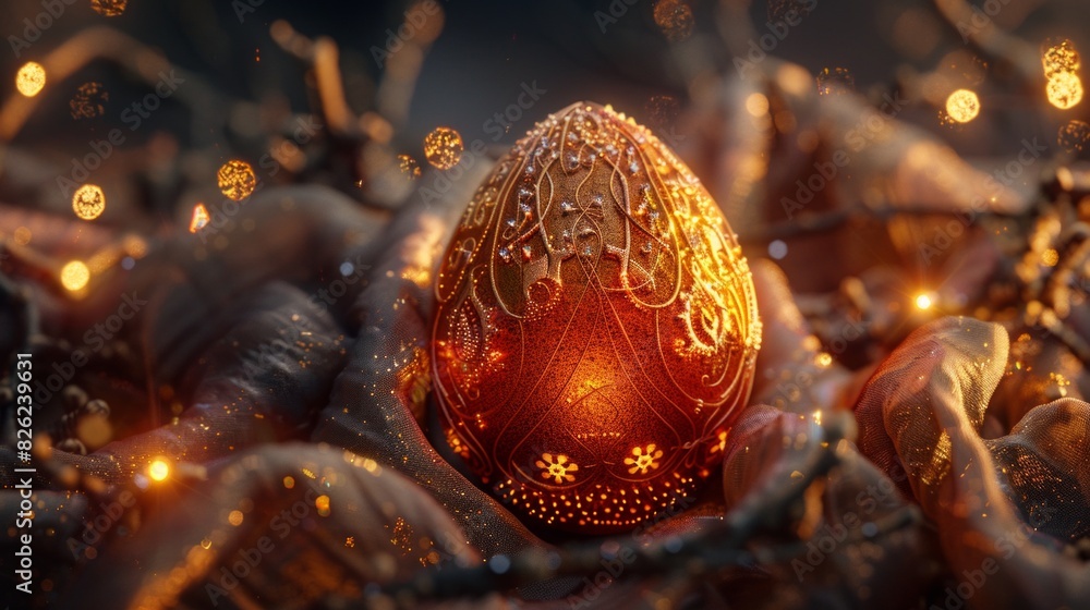 Poster a close-up of a colorful easter egg adorned with twinkling lights, creating a magical and enchanting