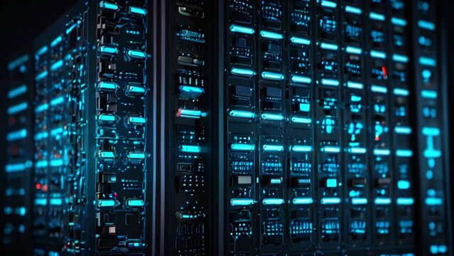 A seamlessly looped video animation in a data center slowly pans across server equipment, highlighting the flashing light indicators in close-up.