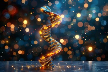 Luminescent DNA strand on glittery blue background with fiery orange accents conveys biotechnology marvels