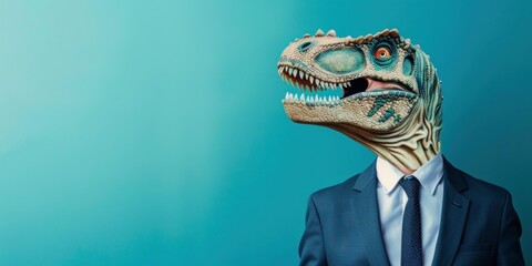 Dapper businessman with dinosaur head in quirky and playful fashion statement for art and...