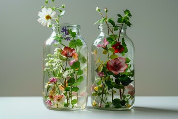 Two clear bottles with a vibrant selection of fresh wildflowers against a neutral background