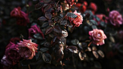   A zoomed-in image of a cluster of flowers adorned with water droplets, surrounded by surrounding greenery