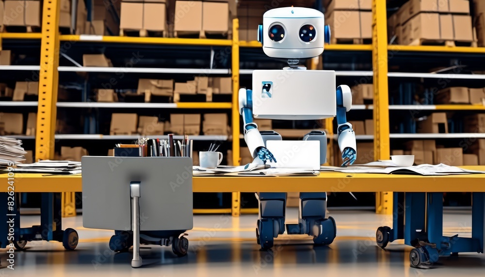 Poster a futuristic robot with a friendly face operates at a desk in a large, organized warehouse, managing