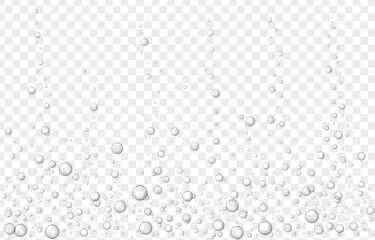 Airy black soda bubbles, abstract bubbles under water on a light transparent background. Fizzy transparent bubbles for the design of carbonated drinks, aquarium, champagne.