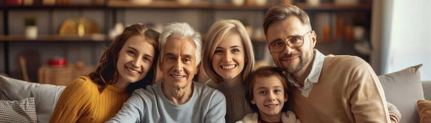 Family Portrait Focus on a multigenerational family posing for a photo with a cozy living room...