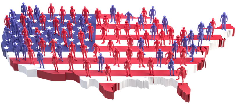 Concept US elections - Blue and red states. Who will win the states? Red and blue characters on a map outline of the United States of America. US flag displayed on the map. Transparent background.