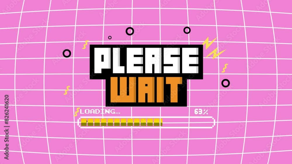 Poster pixel art 8-bit please wait loading bar concept on pink background