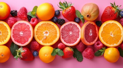 Naklejka premium A colorful assortment of fruits including oranges, strawberries, blueberries, and raspberries. Concept of freshness and abundance, with the vibrant colors of the fruits creating a lively