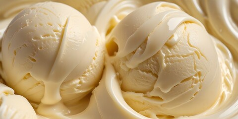 Close-up of vanilla ice cream with a swirled texture and light, creamy color