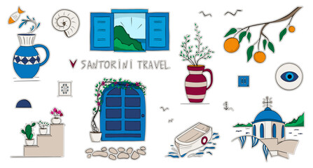 Obraz premium Travel destinatiouns Santorini. Souvenir stickers with Santorini attractions. Sketch style. Hand drawing. Vector