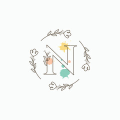 letter n flower minimalist coloring logo design vector