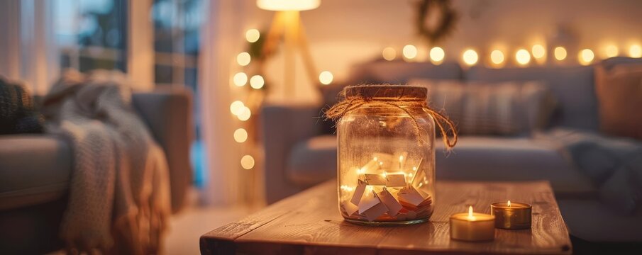 Gratitude Jar Focus on a jar filled with notes of gratitude with a cozy living room background, warm indoor light, empty space left for text Christmas