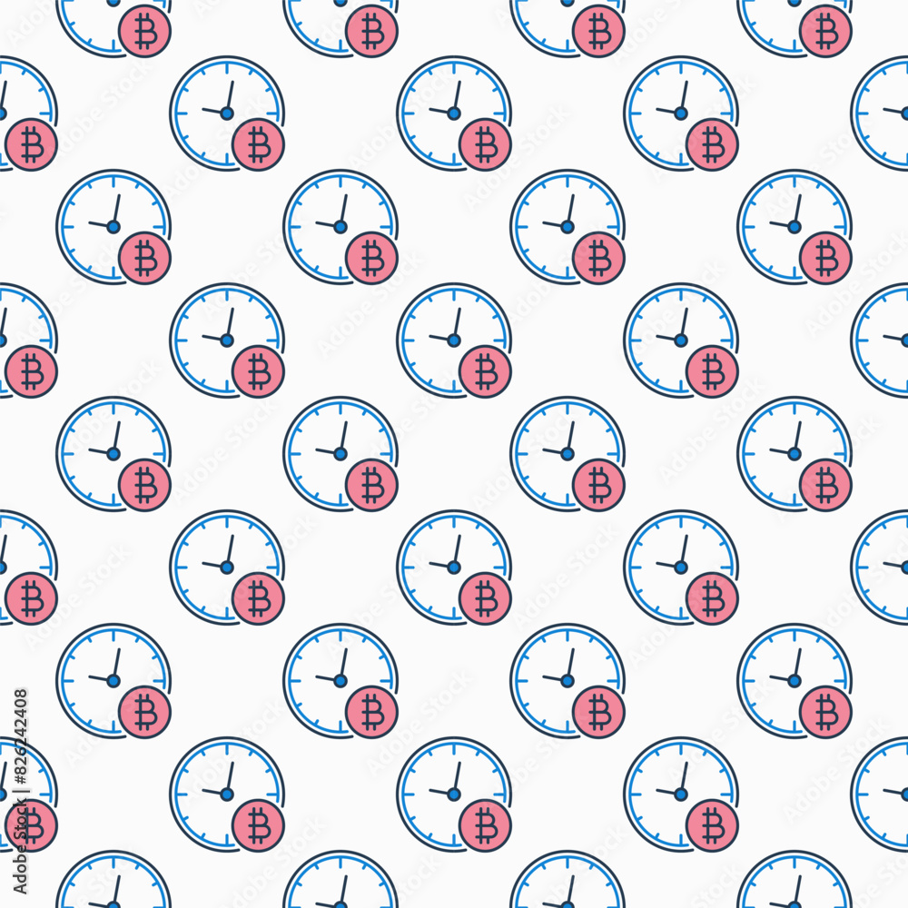 Poster bitcoin clock vector decentralized cryptocurrency colored seamless pattern