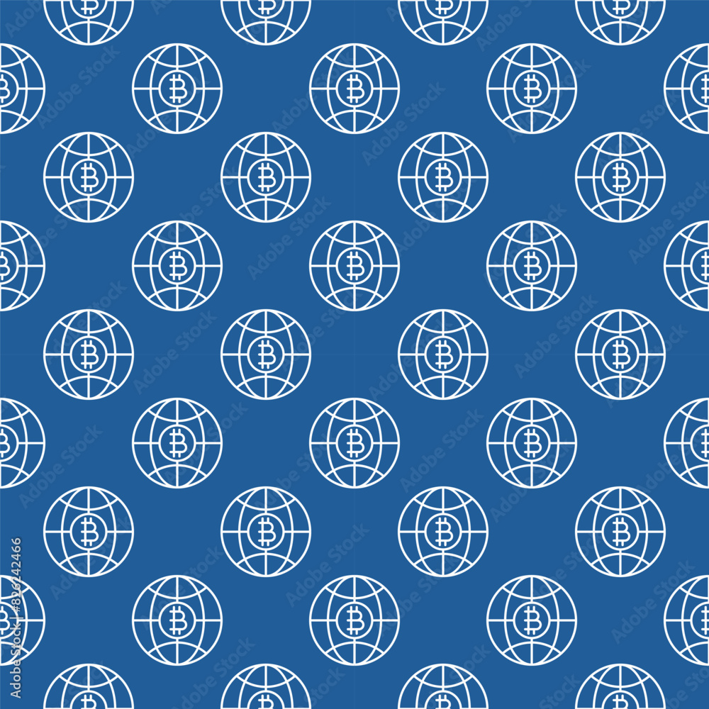 Poster bitcoin inside earth vector globe with cryptocurrency outline seamless pattern