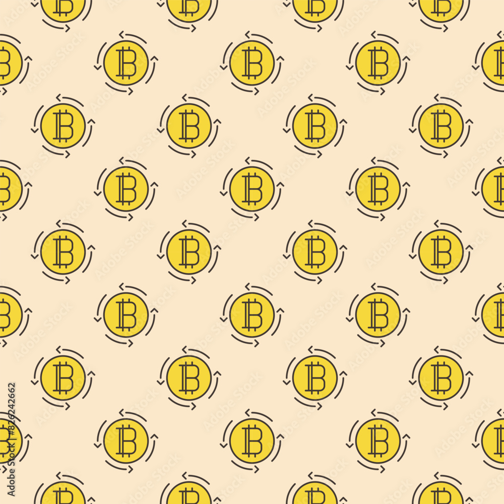 Sticker bitcoin sign inside arrows vector crypto currency round colored seamless pattern