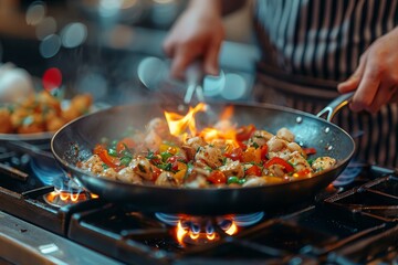 Hands cooking stir-fry showing a burst of flame as ingredients are tossed in a pan on a gas stove
