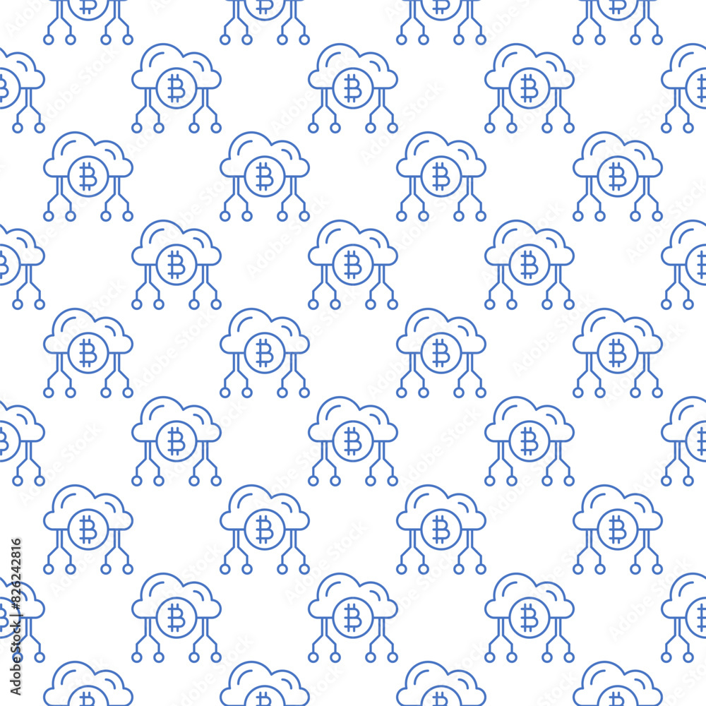 Poster cloud technology with bitcoin vector crypto currency seamless pattern in thin line style