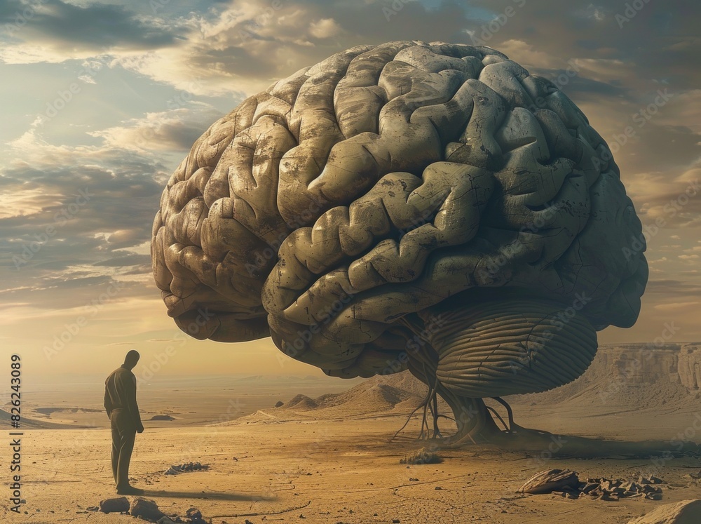 Poster Man standing in front of large brain in desert traveling through the mind and nature for enlightenment and inspiration