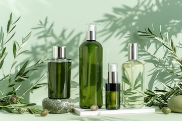Premium skincare bottles on green backdrop with sunlight and leaf shadows for a natural, ecofriendly theme