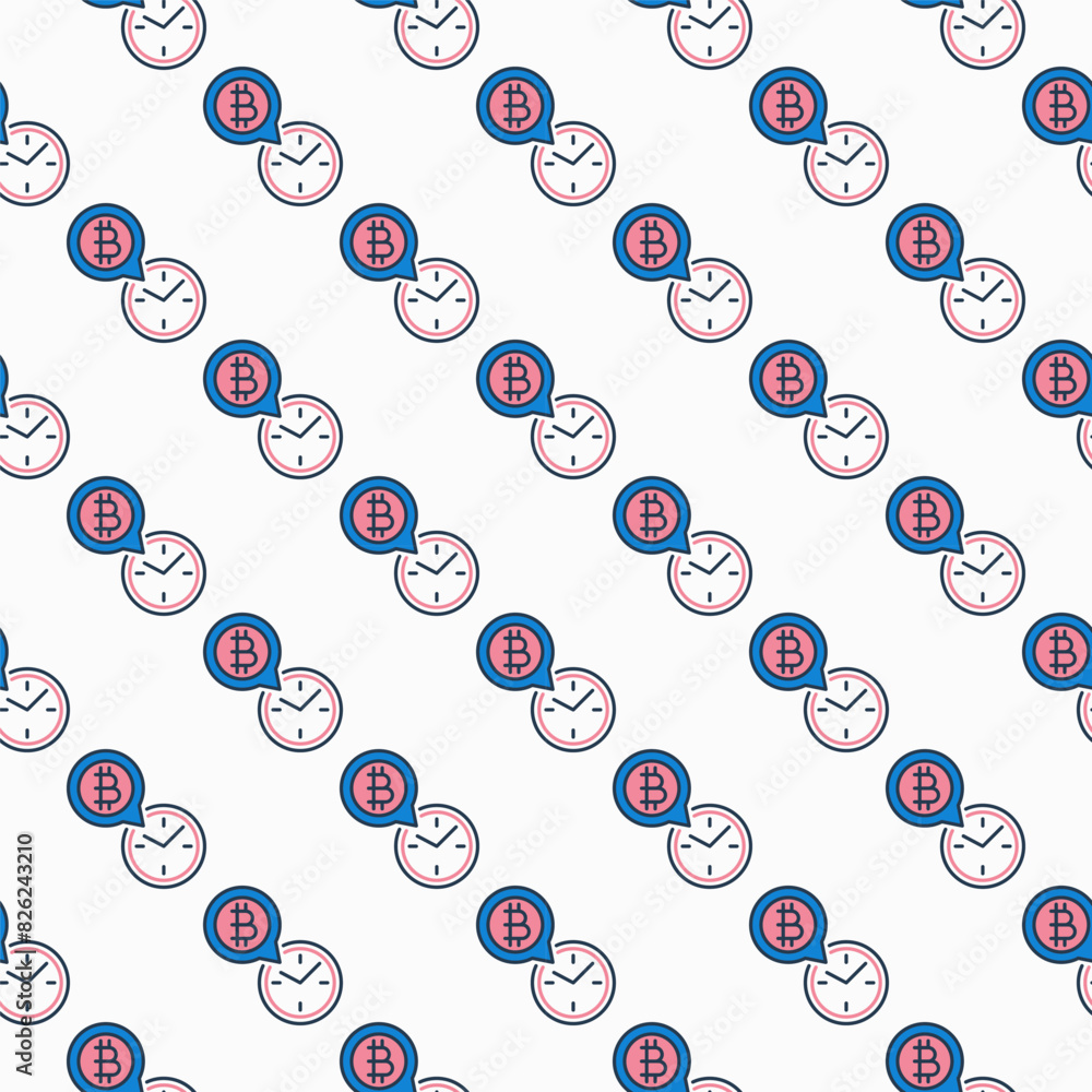 Poster time and bitcoin vector cryptocurrency clock colored seamless pattern
