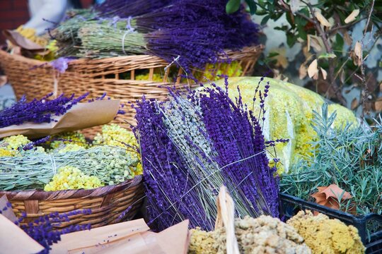 Fototapeta Sale of various spicy and aromatic herbs from a street stall. Lavender and other flowers.