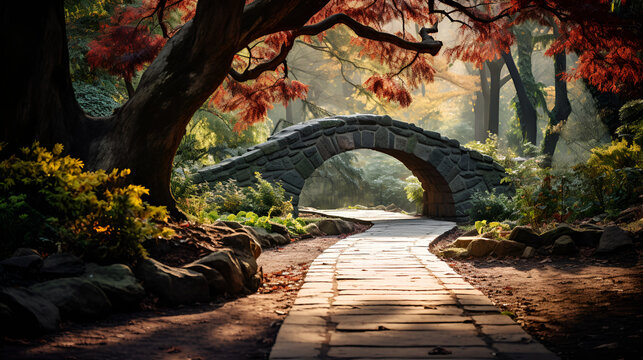 Charming Stone Bridge Arching Over Tree Lined Path