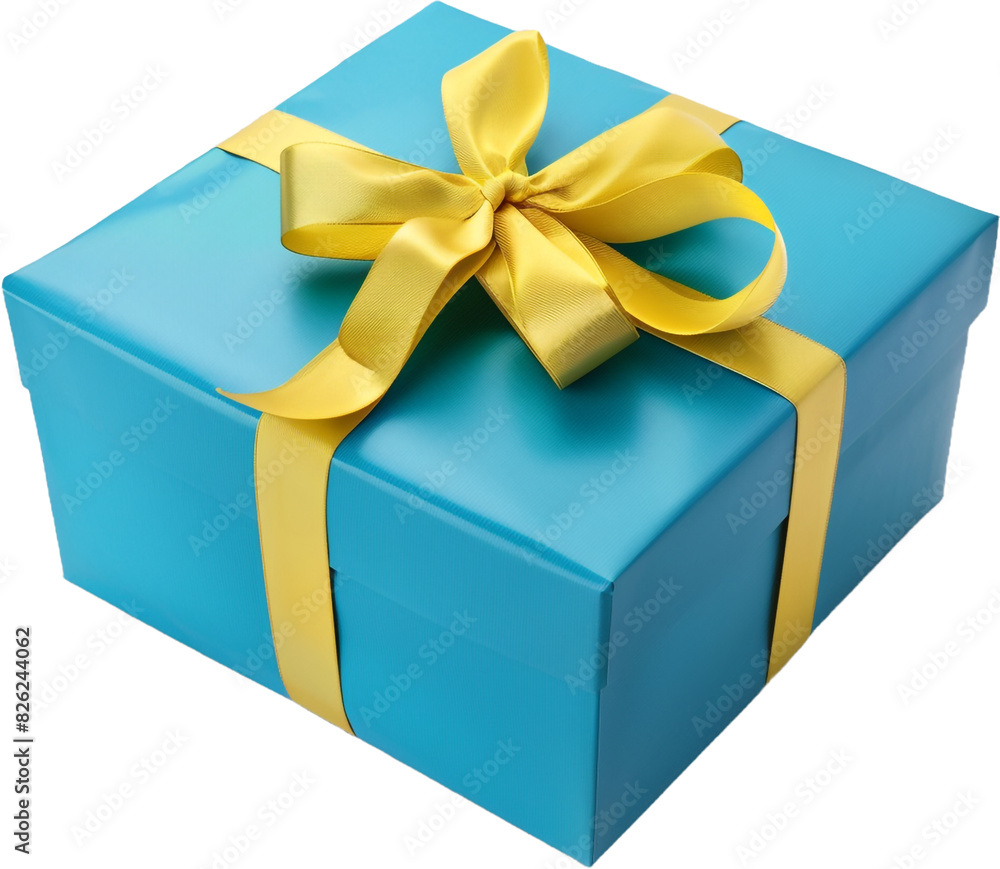 Wall mural blue gift box with yellow ribbon isolated on transparent background