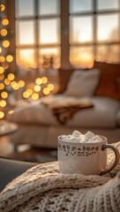 Hot Cocoa Focus on a mug of hot cocoa with marshmallows with a cozy living room background, evening light, empty space right for text Christmas