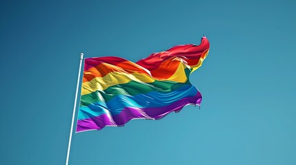 Design a high-resolution image of the inclusive Pride flag with bold, saturated colors, gently waving in the wind against a clear blue sky