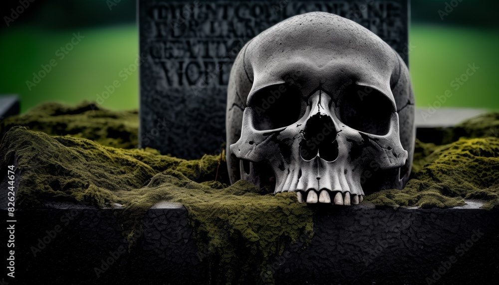 Poster a realistic skull rests on a moss-covered stone with cryptic tombstone in the blurry background unde