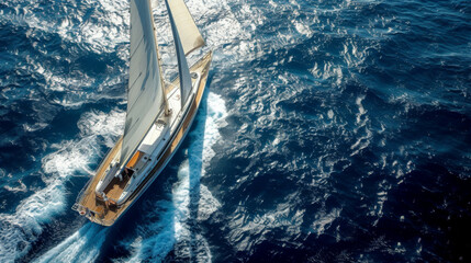 Sailboat in the sea in the evening sunlight, luxury summer adventure, active vacation in Mediterranean sea.