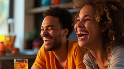 A joyful couple enjoying drinks and laughter in a cozy home setting, radiating happiness and warmth.