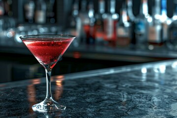 Sophisticated red cocktail in a martini glass with a bar background