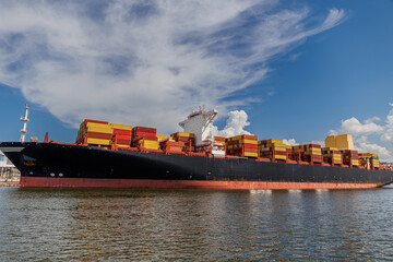 Cargo container Ship, cargo vessel ship carrying container and running for import export concept...