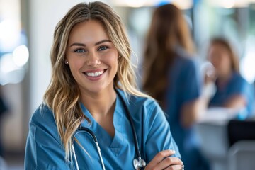 Obraz premium Smiling nurse in scrubs with stethoscope