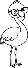 Hand drawn flamingo wearing glasses. Outline