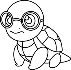 Hand drawn turtle wearing glasses. Outline