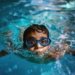 Naklejka premium The child is having fun, swimming, diving in the pool with safety glasses. Entertainment during the summer holidays.