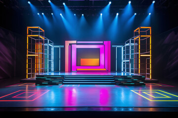 Artistic performances stage light background with spotlight illuminated the stage for modern dance. Empty stage with contrast and bold colors backdrop decoration. Lighting design. Entertainment show.