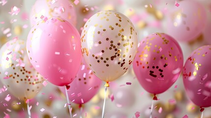 A bunch of pink and white balloons with gold glitter on them. The balloons are scattered around the room, creating a festive atmosphere