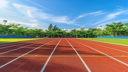 High school track and field ground, red running tracks with white lines on the sports complex of high schools, blue sky.