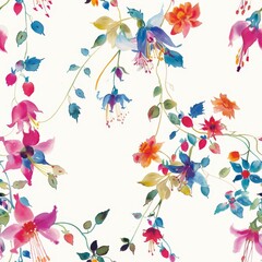 Colorful Watercolor Floral Pattern on White Background