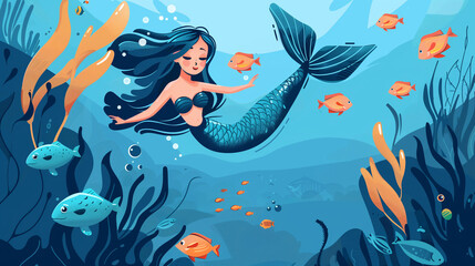 beautiful mermaid girl with long hair swims underwater among fish and algae