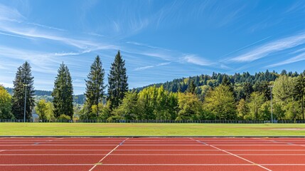 High school track and field ground, red running tracks with white lines on the sports complex of high schools, blue sky.