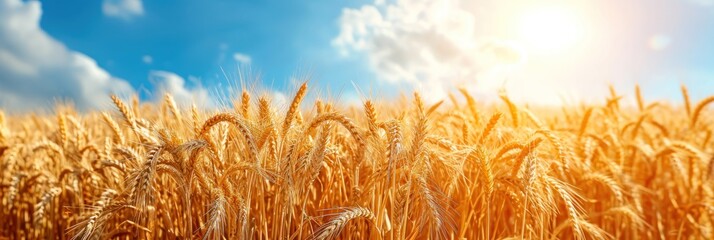 Beautiful view of the wheat field and blue sky in the countryside. Cultivation of crops. Agriculture and farming. Agroindustry. banner